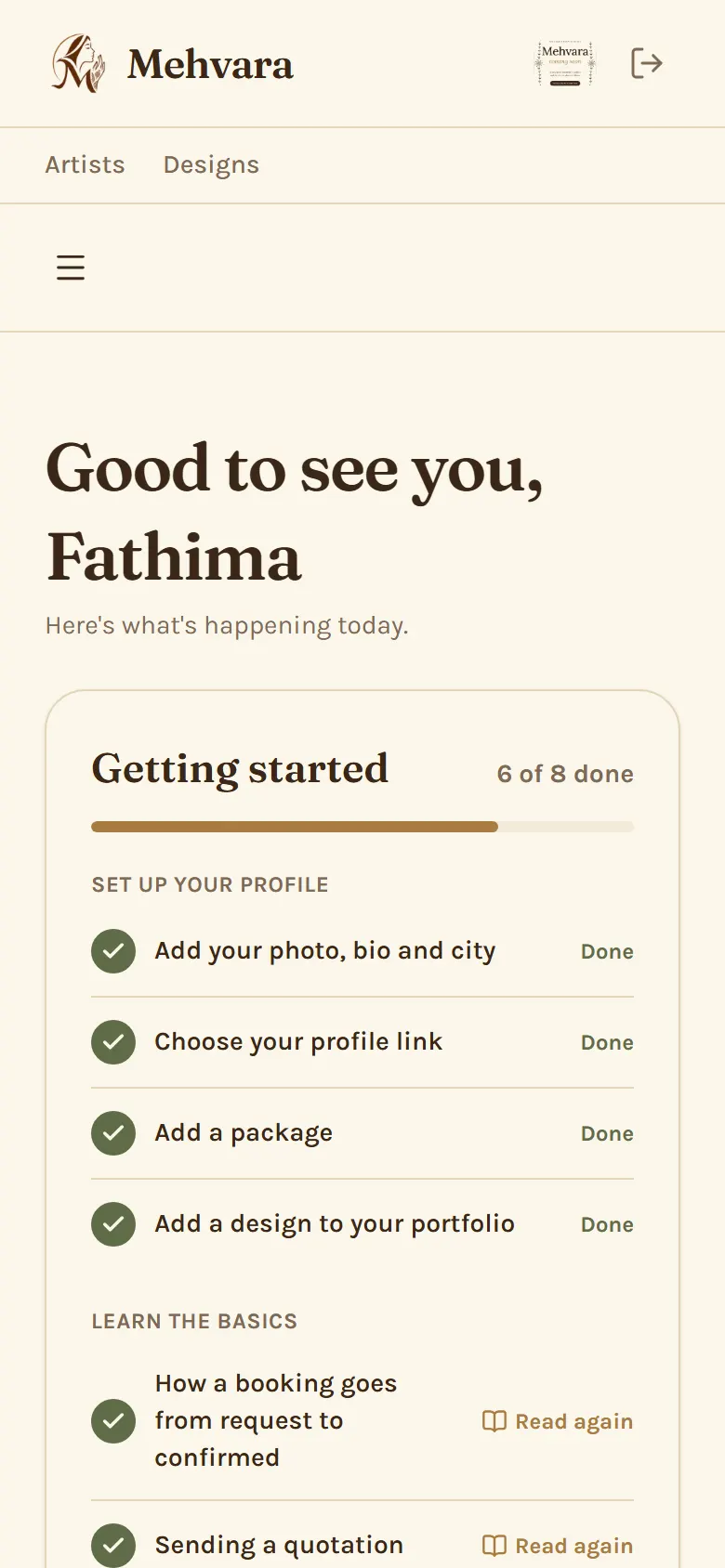 The artist Dashboard on a phone: upcoming bookings and what needs your attention.
